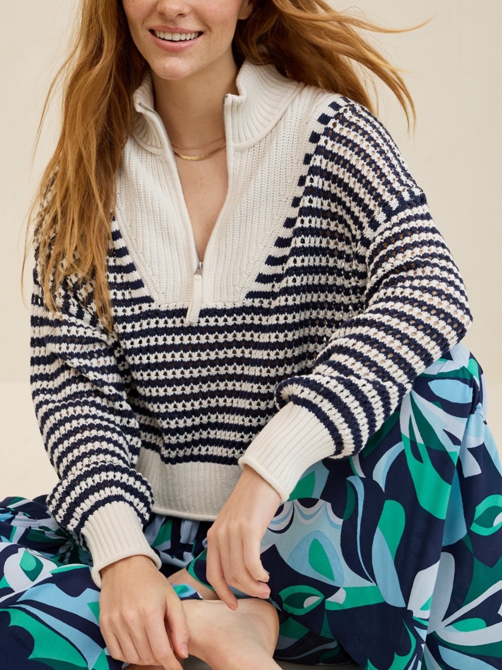 Aerie Quarter zip Striped Half-Zip Sweater, Size Medium, NWT